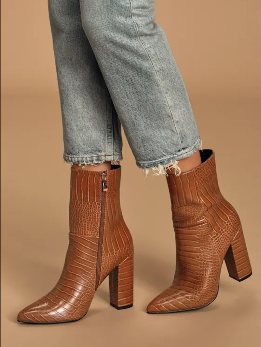Lulu's Brown Croc-Embossed Block Heel Ankle Boots - Picture 2 of 3